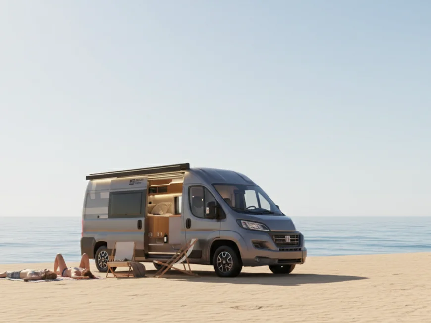 Scopri la Sardegna in van Camper parcheggiato sulla spiaggia con persone sdraiate sulla sabbia