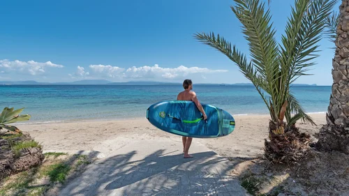 Scopri la Sardegna in van Uomo con tavola da surf blu sulla spiaggia verso il mare con palme